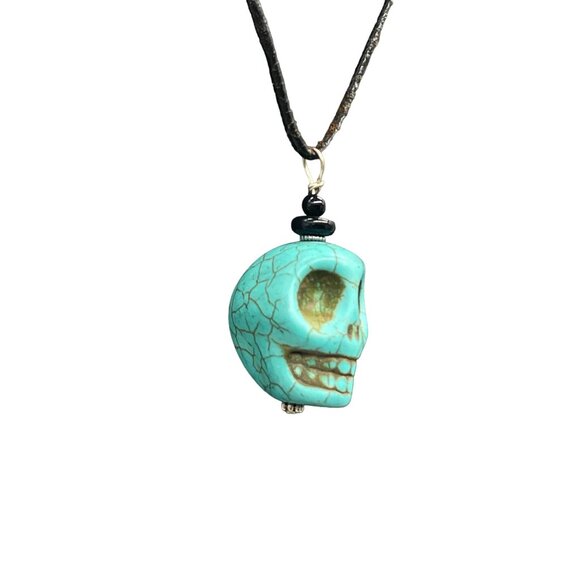 Blue Stone Skull Pendant Black Cord Necklace Halloween Biker Skeleton - Picture 3 of 7